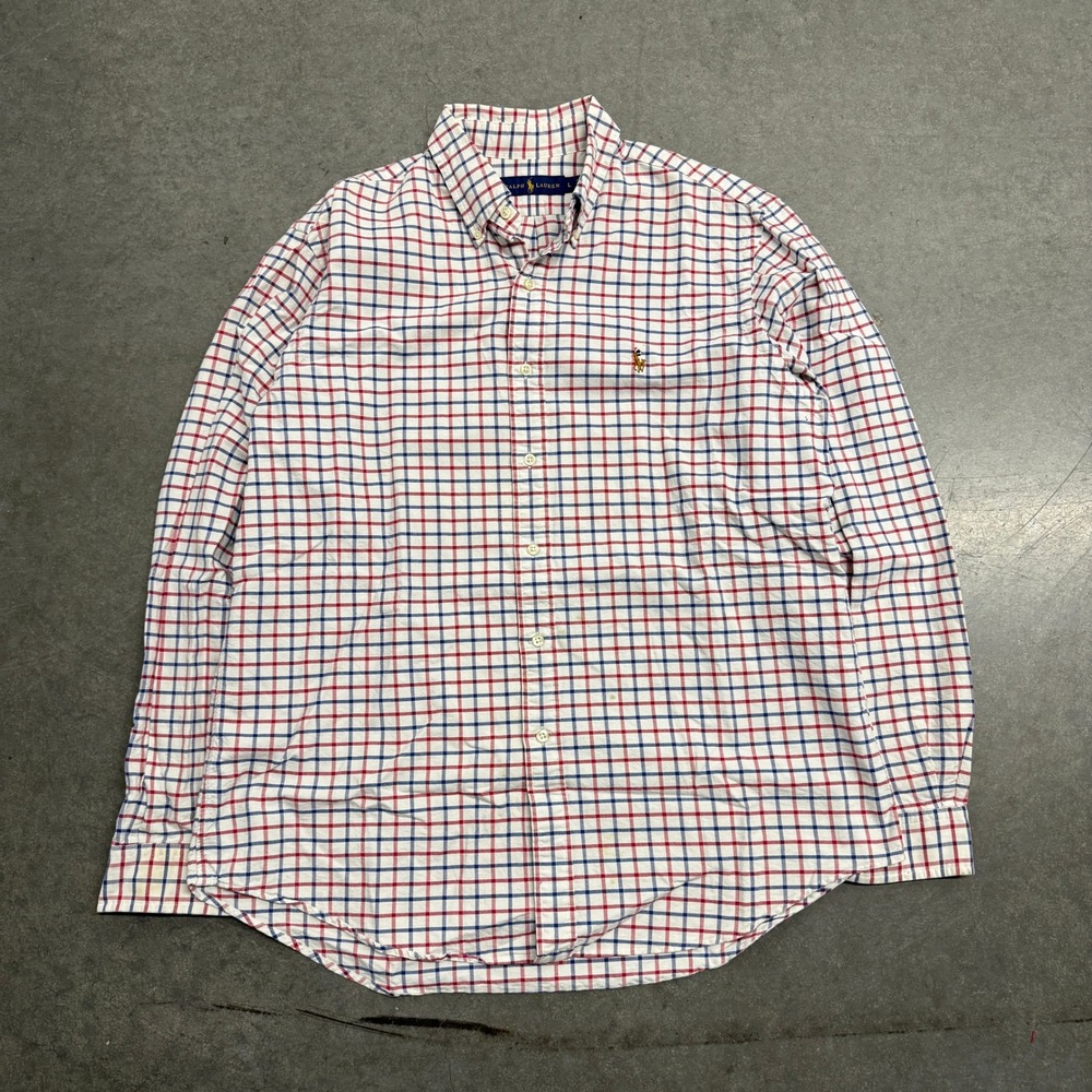 Ralph Lauren Mens Large Red Blue Tattersall Check Button Down Shirt Pony Logo